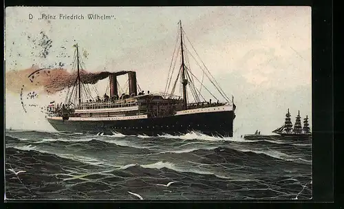 AK Passagierschiff Prinz Friedrich Wilhelm, bei starkem Wellengang gesehen, ein Segelschiff im Hintergrund