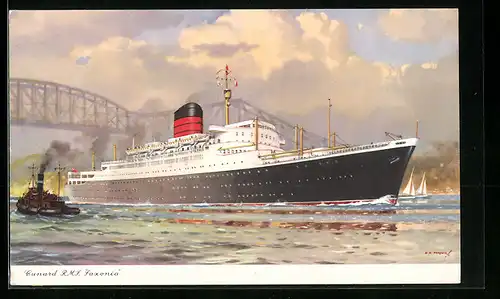 AK Passagierschiff Cunard R.M.S. Saxonia, unter einer Brücke durchfahrend