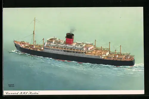 AK Passagierschiff Cunard R.M.S. Media, auf hoher See aus der Vogelschau gesehen