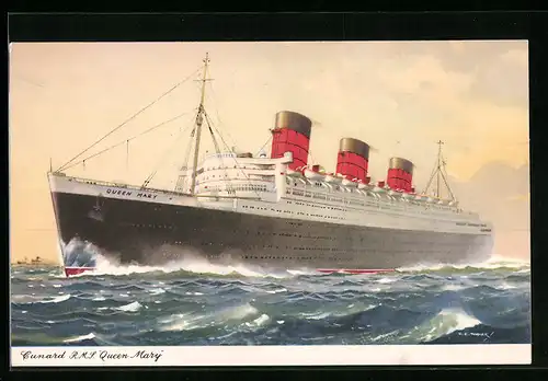 Künstler-AK Passagierschiff Cunard R.M.S. Queen Mary, der Dampfer nimmt Fahrt auf