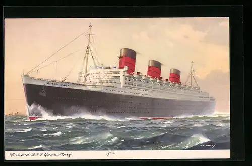 Künstler-AK Passagierschiff Cunard R.M.S. Queen May, das Dampfschiff mit drei Schornsteinen auf dem Meer