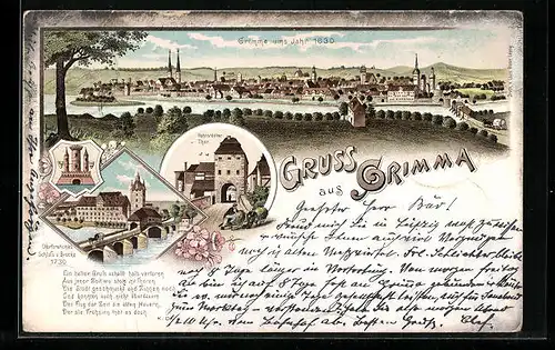 Lithographie Grimma, Teilansicht um 1630, Hohnstädter Tor, Churfürstliches Shcloss und Brücke 1730