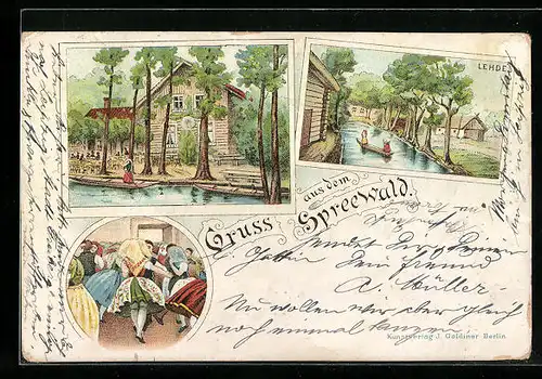 Lithographie Lehde /Spreewald, Gasthaus, Innenansicht, Uferpartie mit Boot