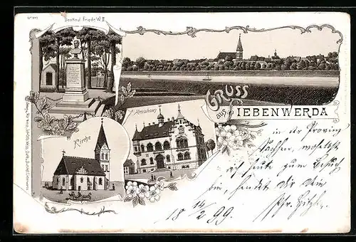 Lithographie Liebenwerda, Kreishaus, Kirche, Denkmal Friedrich W. III.