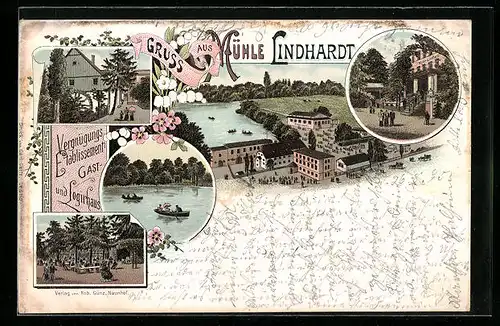 Vorläufer-Lithographie Naunhof, 1895, Gast- und Logierhaus Mühle Lindhardt, Garten, Eingang