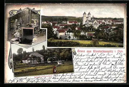 AK Klosterlausnitz i. Thür., Gasthaus Waldschlösschen, Kasier-Wilhelm-Quelle, Teilansicht mit Kirche