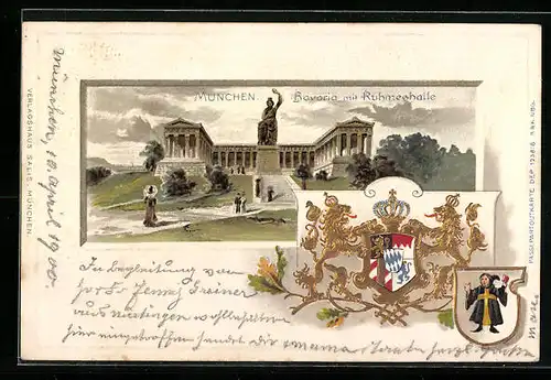 Passepartout-Lithographie München, Bavaria mit Ruhmeshalle, Wappen