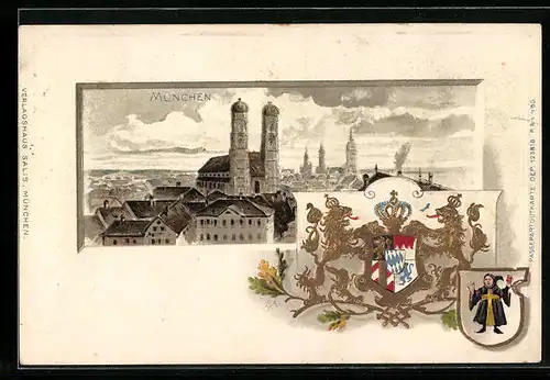 Passepartout-Lithographie München, Teilansicht mit Frauenkirche, Wappen