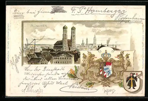 Passepartout-Lithographie München, Teilansicht mit Frauenkirche, Wappen