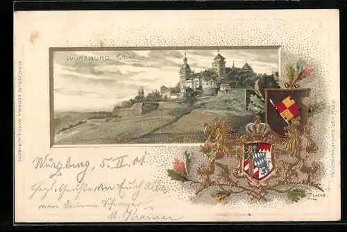 Passepartout-Lithographie Würzburg, Festung, Wappen