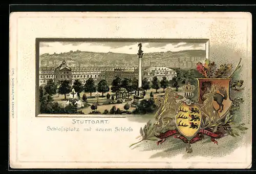 Passepartout-Lithographie Stuttgart, Schlossplatz mit neuem Schloss, Wappen