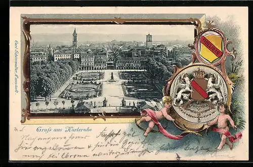 Passepartout-Lithographie Karlsruhe, Schloss mit Denkmal, Wappen