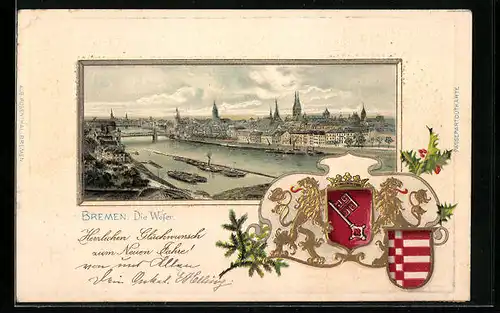 Passepartout-Lithographie Bremen, Die Weser mit Booten, Wappen