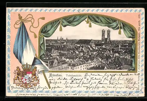 Passepartout-Lithographie München, Totalansicht, Wappen