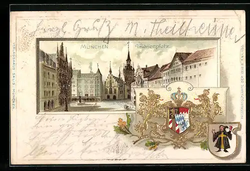 Passepartout-Lithographie München, Marienplatz, Wappen