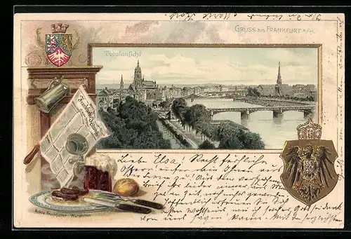 Passepartout-Lithographie Frankfurt a. M., Totalansicht, Wappen
