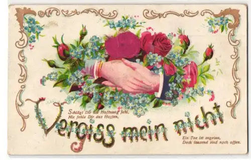 Stoff-Präge-AK Zarte Frauenhand in starker Männerhand, Rose aus echtem Stoff