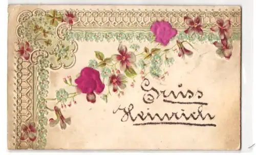 Stoff-Präge-AK Gruss mit Rosen aus echtem Stoff