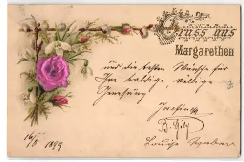 Stoff-Präge-AK Gruss aus Margarethen, Rose aus echtem Stoff