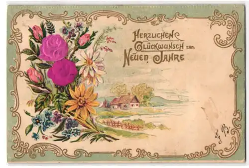 Stoff-Präge-AK Neujahrsgruss mit Rosen aus echtem Stoff