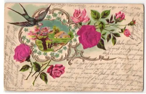 Stoff-Präge-AK Rosen aus echtem Stoff und Schwalbe über blühendem Baum