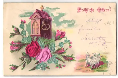 Stoff-Präge-AK Ostergruss mit Kirchturm und Rosen aus echtem Stoff