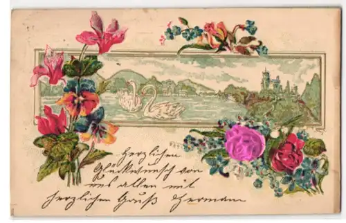 Stoff-Präge-AK Schwäne auf einem See, Blumen und Rose aus echtem Stoff