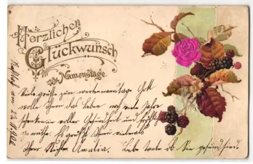 Stoff-Präge-AK Namenstagsgruss mit Rose aus echtem Stoff und Brombeeren