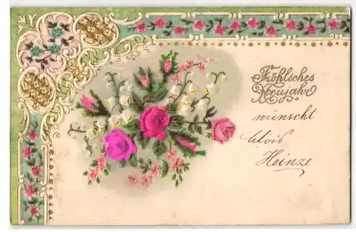Stoff-Präge-AK Neujahrsgruss mit Rosen aus echtem Stoff und Maiglöckchen
