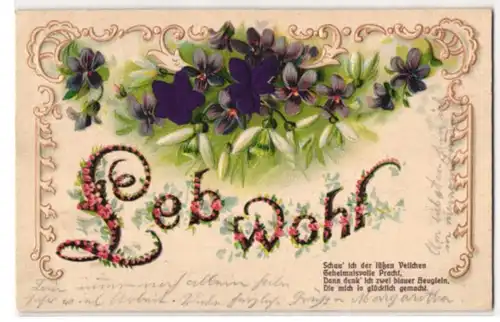 Stoff-Präge-AK Leb wohl, Lilafarbene Blüten aus echtem Stoff