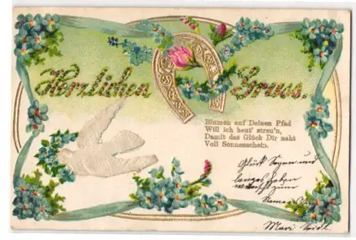 Stoff-Präge-AK Weisse Taube aus echtem Stoff und Hufeisen