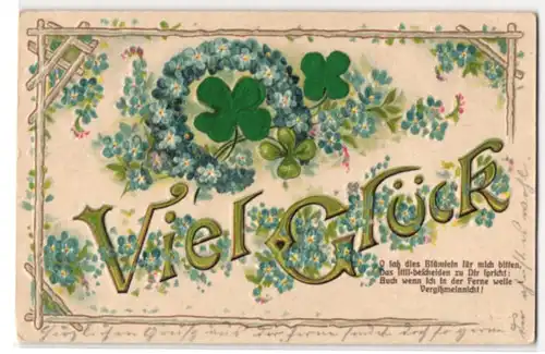 Stoff-Präge-AK Glücksklee aus echtem Stoff und Vergissmeinnicht