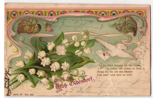 Stoff-Präge-AK Brieftaube und Maiglöckchen aus echtem Stoff