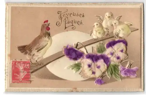 Stoff-Präge-AK Ostergruss mit Henne und Küken, Blumen aus echtem Stoff