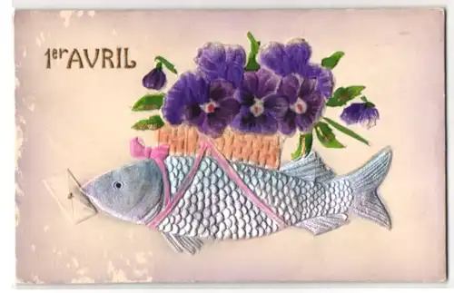 Stoff-Präge-AK 1er Avril, Fisch mit auf den Rücken geschnallten Blumenkorb