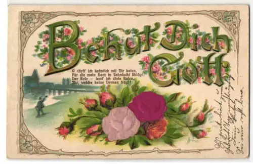 Stoff-Präge-AK Behüt Dich Gott, Rosen aus echtem Stoff