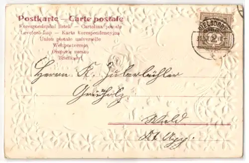 Stoff-Präge-AK Neujahrsgruss mit Rose aus echtem Stoff und Veilchen