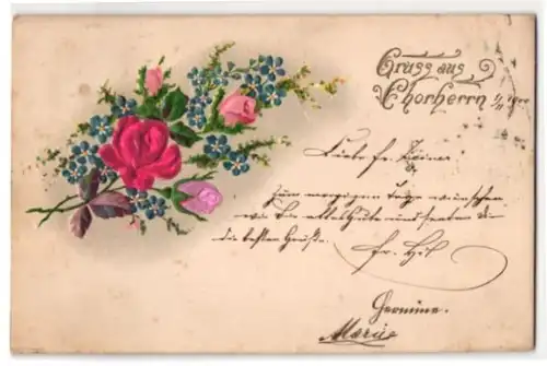Stoff-Präge-AK Gruss aus Chorherrn, Rosen aus echtem Stoff