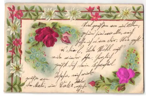 Stoff-Präge-AK Rosen aus echtem Stoff und Vergissmeinnicht