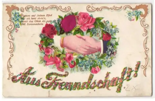 Stoff-Präge-AK Hände umfassen sich in einem Kranz aus Blumen, Rose aus echtem Stoff