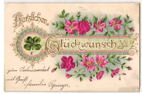 Stoff-Präge-AK Heckenrosen aus echtem Stoff und Kleeblatt