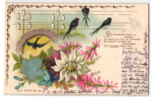 Stoff-Präge-AK Schwalben auf einer Telegrafenleitung und Enzian aus echtem Stoff