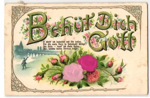 Stoff-Präge-AK Behüt Dich Gott, Rosen aus echtem Stoff