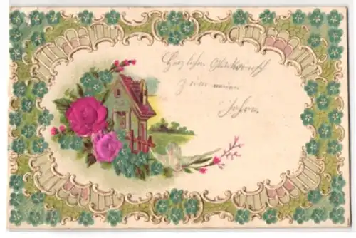 Stoff-Präge-AK Weisse Taube bei einem kleinen Haus, Rosen aus echtem Stoff
