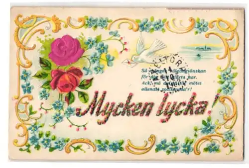 Stoff-Präge-AK Mycken lycka!, Rose aus echtem Stoff und weisse Taube