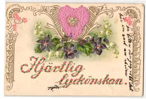 Stoff-Präge-AK Glückwünsche mit Herz aus echtem Stoff und Veilchen
