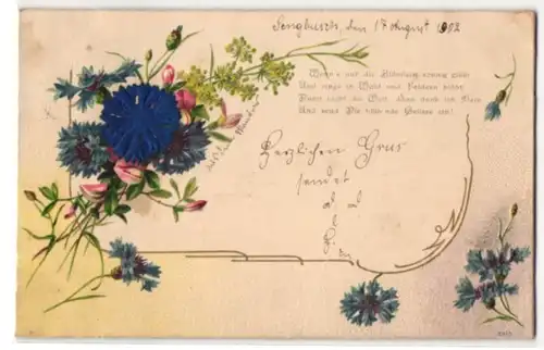 Stoff-Präge-AK Kornblume aus echtem Stoff