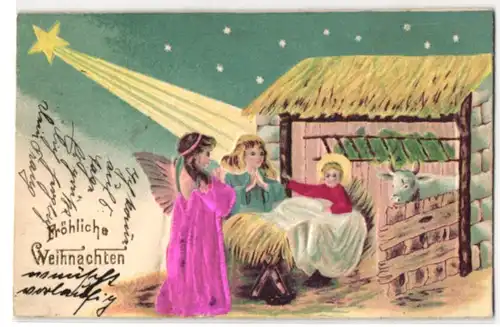 Stoff-Präge-AK Weihnachtsengel vor der Krippe des Christkindes