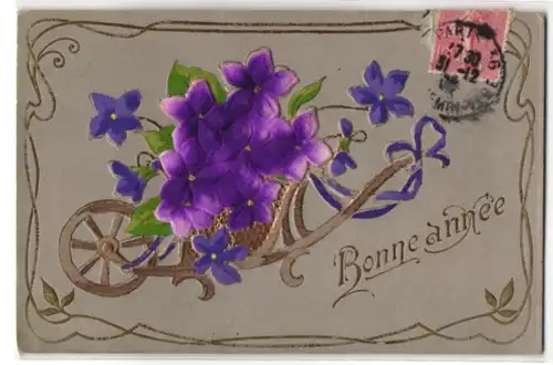 Stoff-Präge-AK Bonne année, Schubkarre voller Veilchen aus echtem Stoff