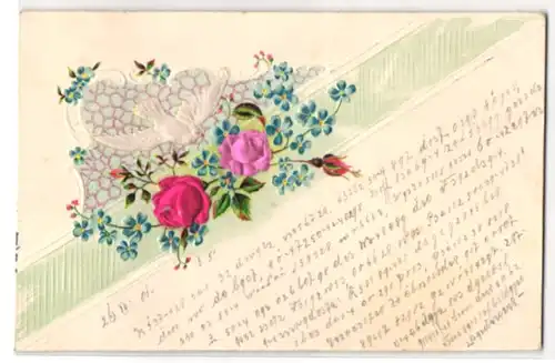 Stoff-Präge-AK Weisse Taube und Rosen aus echtem Stoff